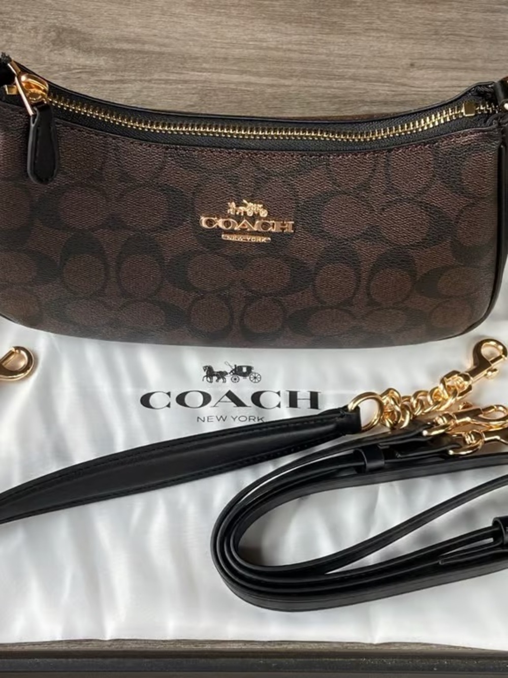 Coach Brown Signature Canvas Crossbody Bag with Black Strap and Gold Hardware